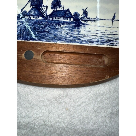 Delft Blue Windmill Cheese Board Charcuterie VTG Tile + Teak Wood Antique - Picture 15 of 16